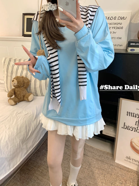 Striped knit capelet, V-neck long sleeve tee, summer layered T-shirt set, OOTDAY sweet style