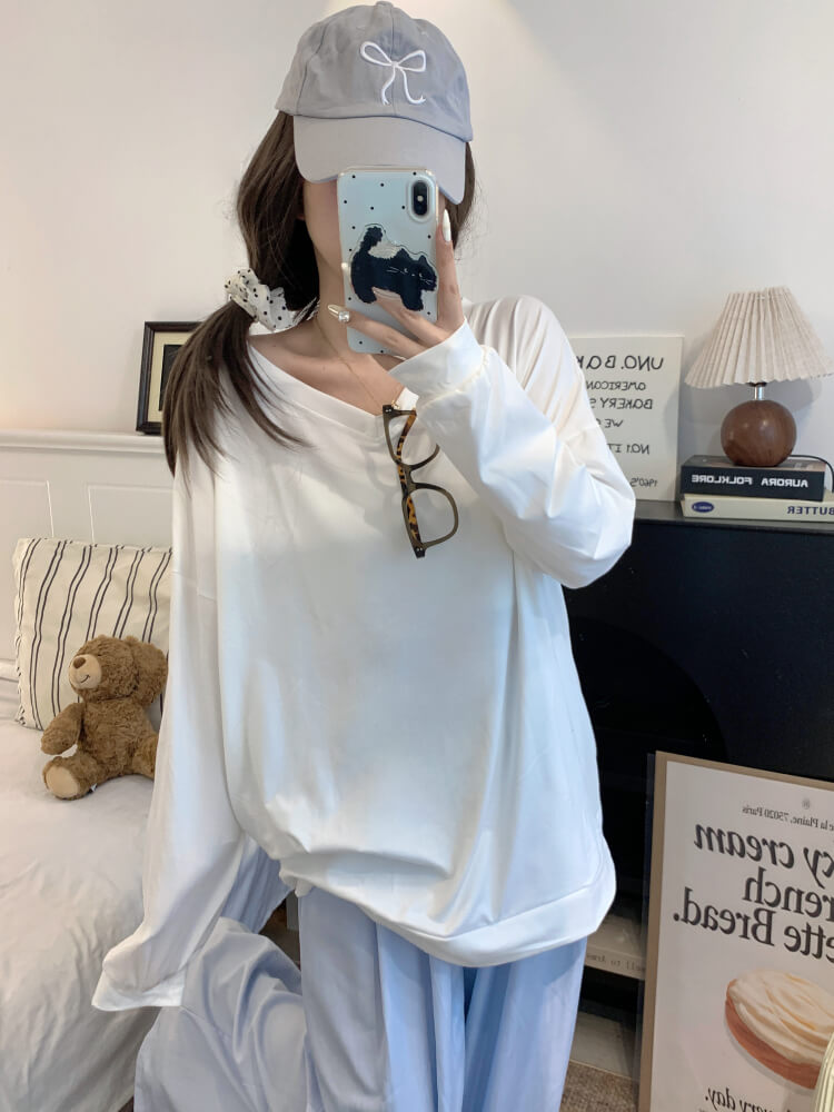 Striped knit capelet, V-neck long sleeve tee, summer layered T-shirt set, OOTDAY sweet style