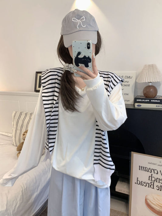 Striped knit capelet, V-neck long sleeve tee, summer layered T-shirt set, OOTDAY sweet style