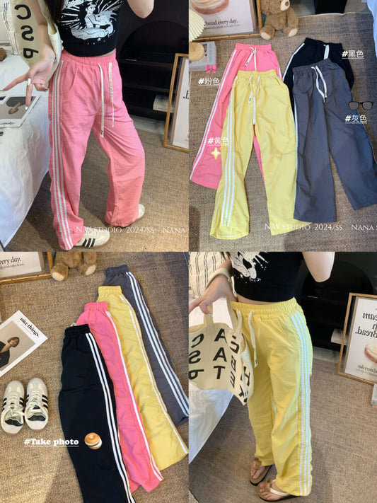 ice silk sun-proof pants for women, dopamine wide-leg pants, sporty summer trousers, high-waist triple stripe pants, OOTDAY summer fashion