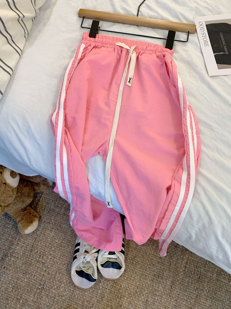 ice silk sun-proof pants for women, dopamine wide-leg pants, sporty summer trousers, high-waist triple stripe pants, OOTDAY summer fashion