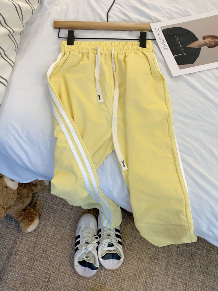 ice silk sun-proof pants for women, dopamine wide-leg pants, sporty summer trousers, high-waist triple stripe pants, OOTDAY summer fashion