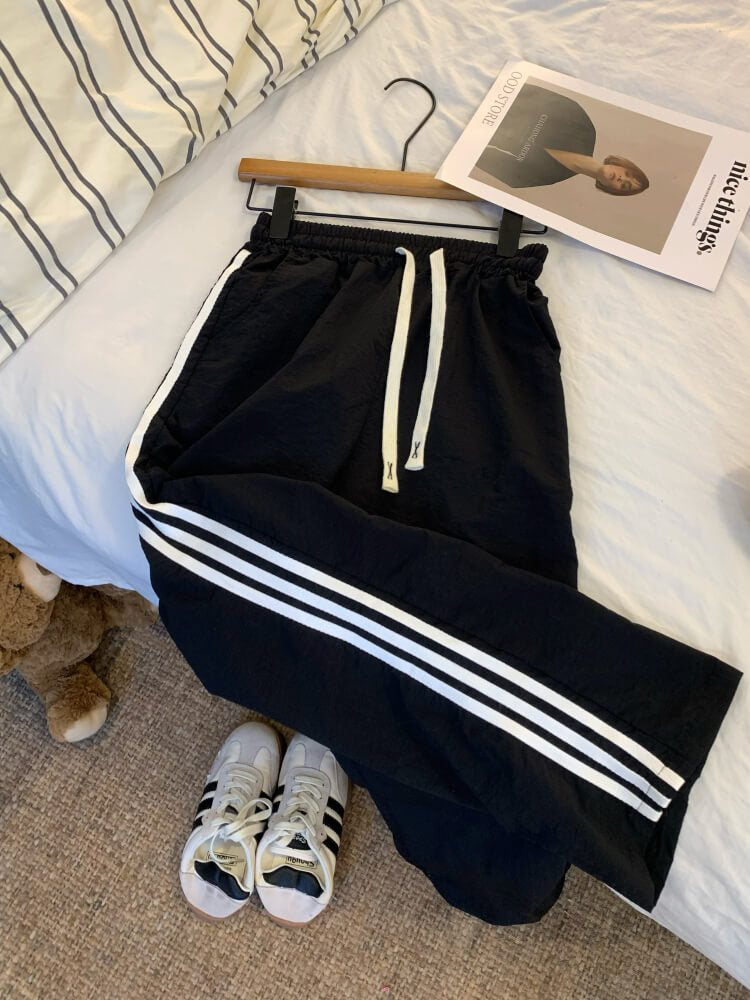 ice silk sun-proof pants for women, dopamine wide-leg pants, sporty summer trousers, high-waist triple stripe pants, OOTDAY summer fashion