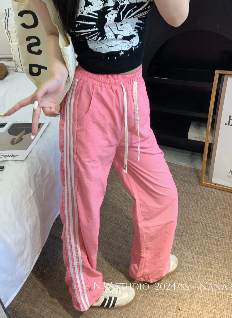 ice silk sun-proof pants for women, dopamine wide-leg pants, sporty summer trousers, high-waist triple stripe pants, OOTDAY summer fashion