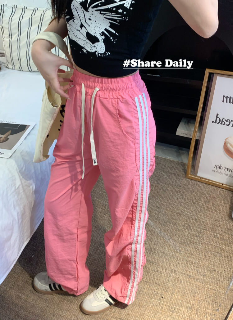 ice silk sun-proof pants for women, dopamine wide-leg pants, sporty summer trousers, high-waist triple stripe pants, OOTDAY summer fashion