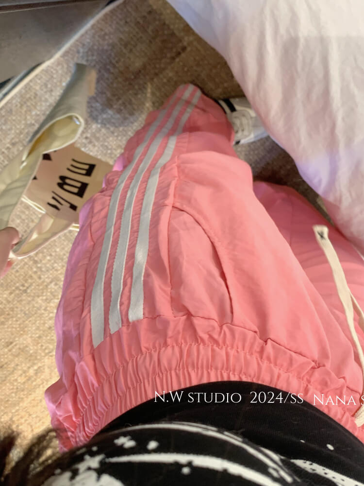ice silk sun-proof pants for women, dopamine wide-leg pants, sporty summer trousers, high-waist triple stripe pants, OOTDAY summer fashion