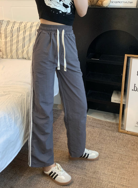 ice silk sun-proof pants for women, dopamine wide-leg pants, sporty summer trousers, high-waist triple stripe pants, OOTDAY summer fashion