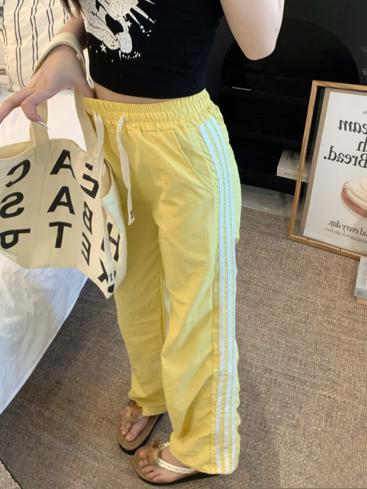 ice silk sun-proof pants for women, dopamine wide-leg pants, sporty summer trousers, high-waist triple stripe pants, OOTDAY summer fashion
