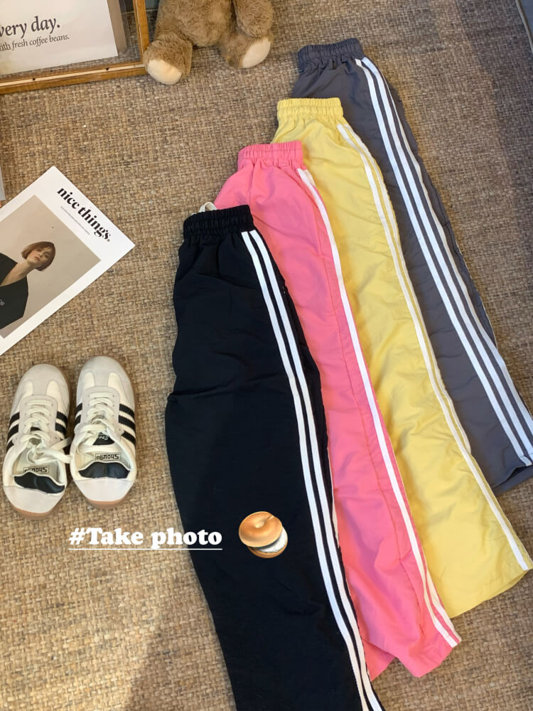 ice silk sun-proof pants for women, dopamine wide-leg pants, sporty summer trousers, high-waist triple stripe pants, OOTDAY summer fashion