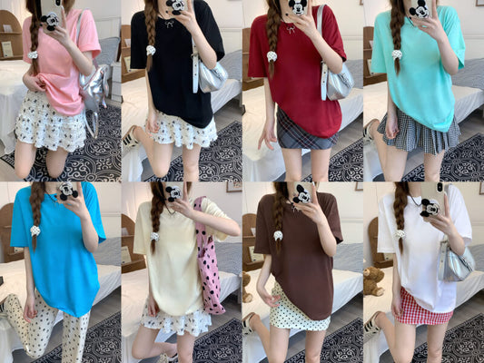 summer cotton t-shirt for girls, loose fit solid color tee, casual sweet triacetate top OOTDAY