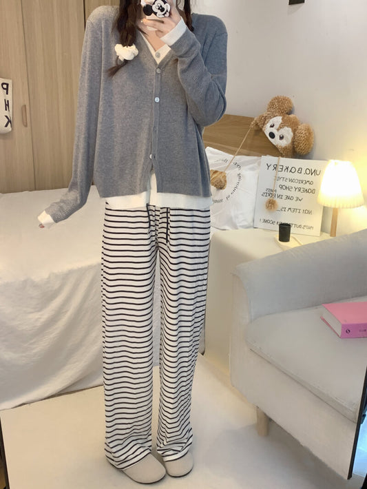 striped high waist wide-leg pants for summer, black and white flowy trousers, OOTDAY casual preppy style pants