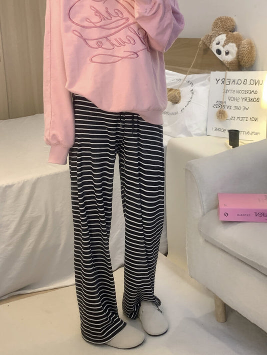 striped high waist wide-leg pants for summer, black and white flowy trousers, OOTDAY casual preppy style pants