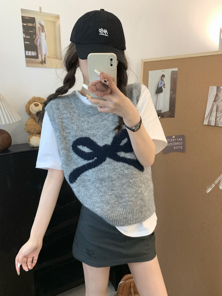 OOTDAY Korean knit vest, sleeveless pullover with bow, cute wool vest, sweet style round-neck vest, loose fit knit sweater vest