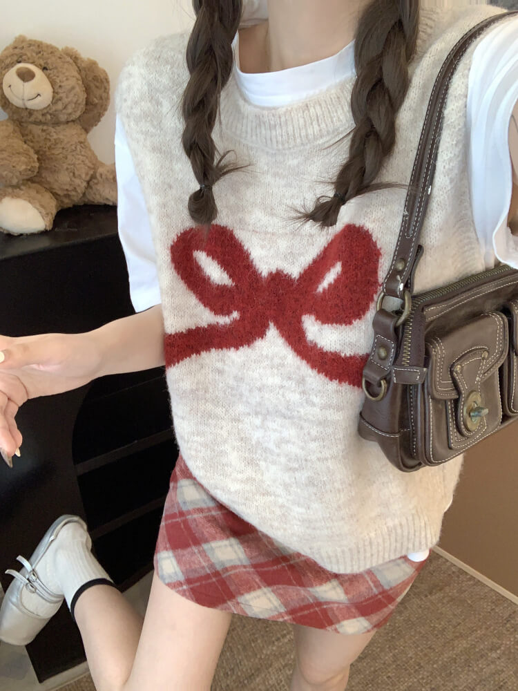 OOTDAY Korean knit vest, sleeveless pullover with bow, cute wool vest, sweet style round-neck vest, loose fit knit sweater vest