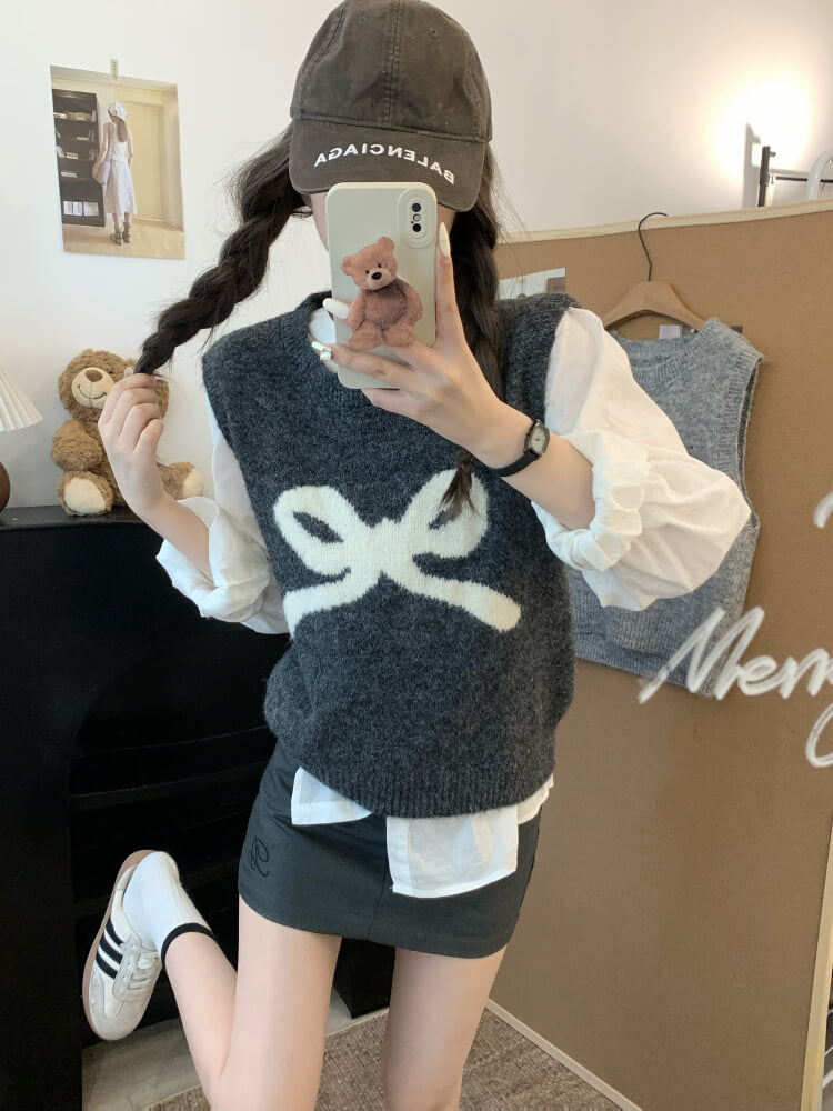 OOTDAY Korean knit vest, sleeveless pullover with bow, cute wool vest, sweet style round-neck vest, loose fit knit sweater vest
