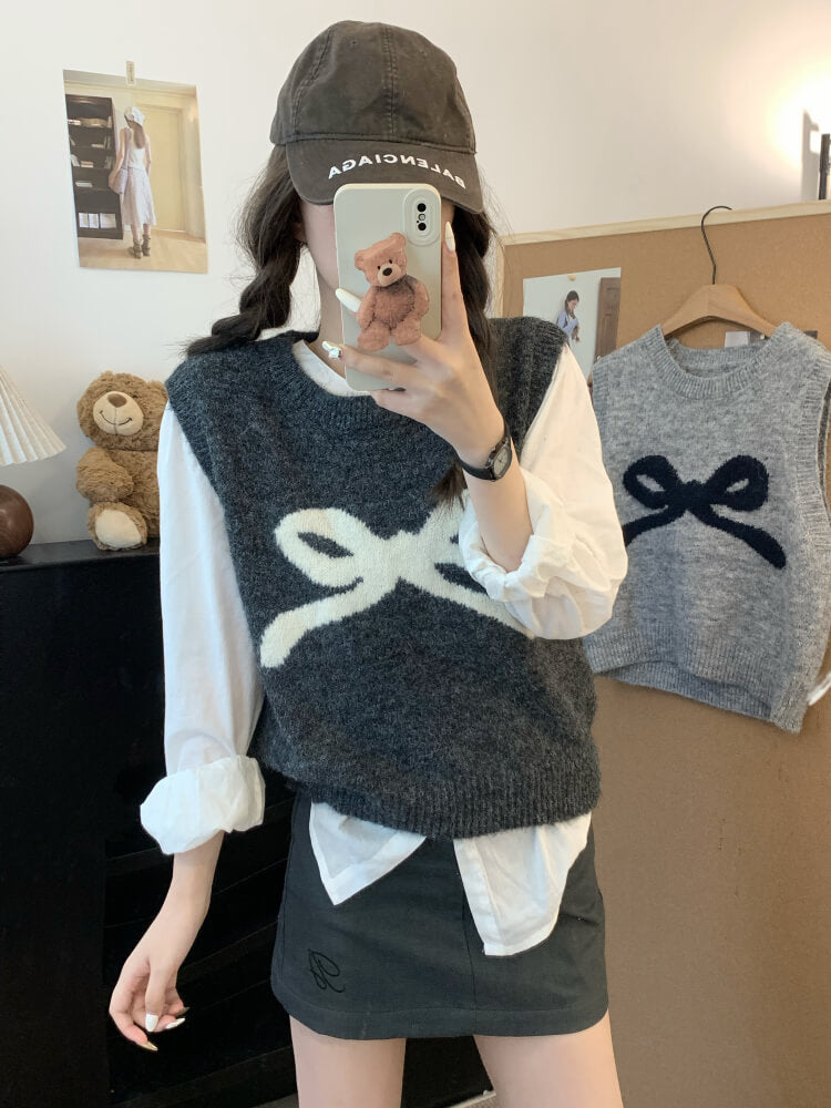 OOTDAY Korean knit vest, sleeveless pullover with bow, cute wool vest, sweet style round-neck vest, loose fit knit sweater vest