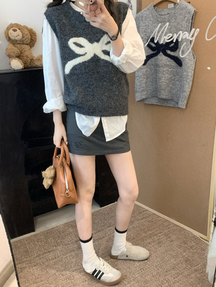 OOTDAY Korean knit vest, sleeveless pullover with bow, cute wool vest, sweet style round-neck vest, loose fit knit sweater vest