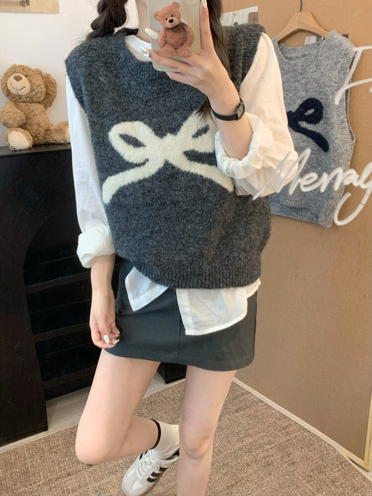 OOTDAY Korean knit vest, sleeveless pullover with bow, cute wool vest, sweet style round-neck vest, loose fit knit sweater vest