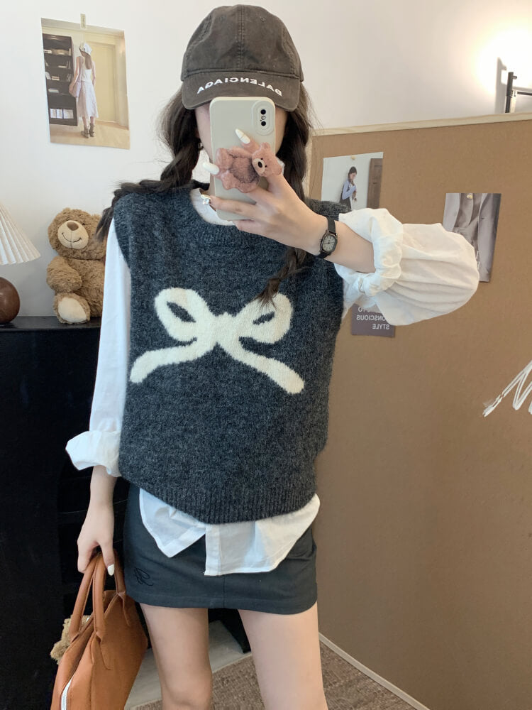 OOTDAY Korean knit vest, sleeveless pullover with bow, cute wool vest, sweet style round-neck vest, loose fit knit sweater vest
