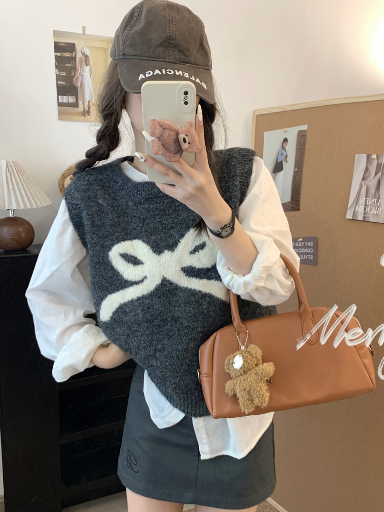 OOTDAY Korean knit vest, sleeveless pullover with bow, cute wool vest, sweet style round-neck vest, loose fit knit sweater vest