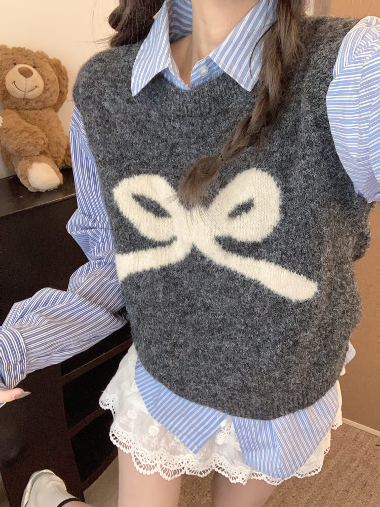 OOTDAY Korean knit vest, sleeveless pullover with bow, cute wool vest, sweet style round-neck vest, loose fit knit sweater vest