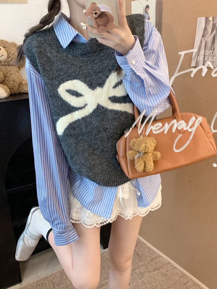 OOTDAY Korean knit vest, sleeveless pullover with bow, cute wool vest, sweet style round-neck vest, loose fit knit sweater vest