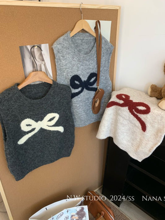 OOTDAY Korean knit vest, sleeveless pullover with bow, cute wool vest, sweet style round-neck vest, loose fit knit sweater vest