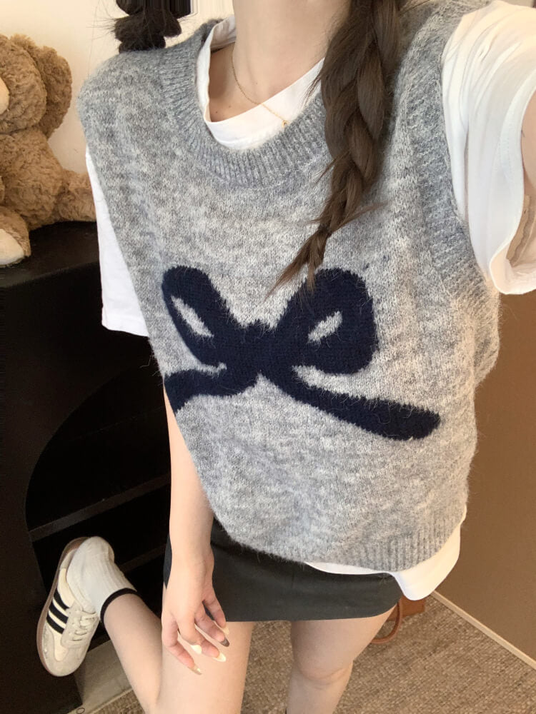 OOTDAY Korean knit vest, sleeveless pullover with bow, cute wool vest, sweet style round-neck vest, loose fit knit sweater vest