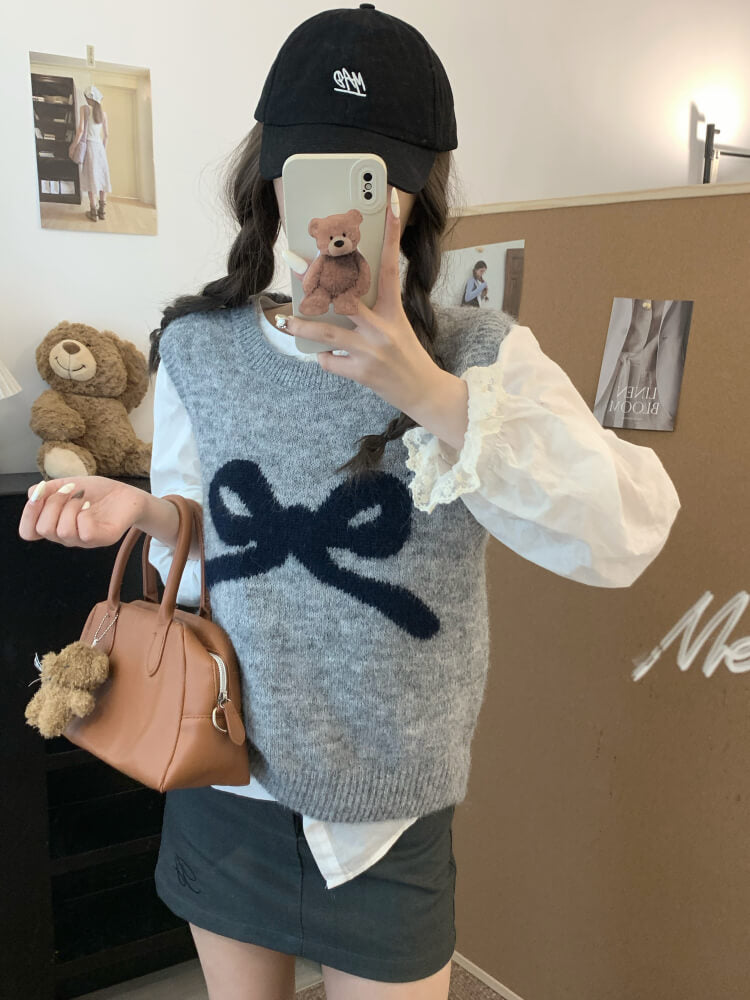 OOTDAY Korean knit vest, sleeveless pullover with bow, cute wool vest, sweet style round-neck vest, loose fit knit sweater vest