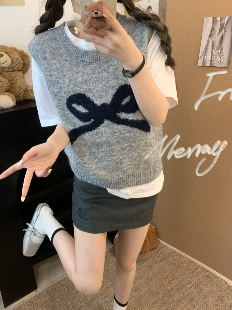 OOTDAY Korean knit vest, sleeveless pullover with bow, cute wool vest, sweet style round-neck vest, loose fit knit sweater vest