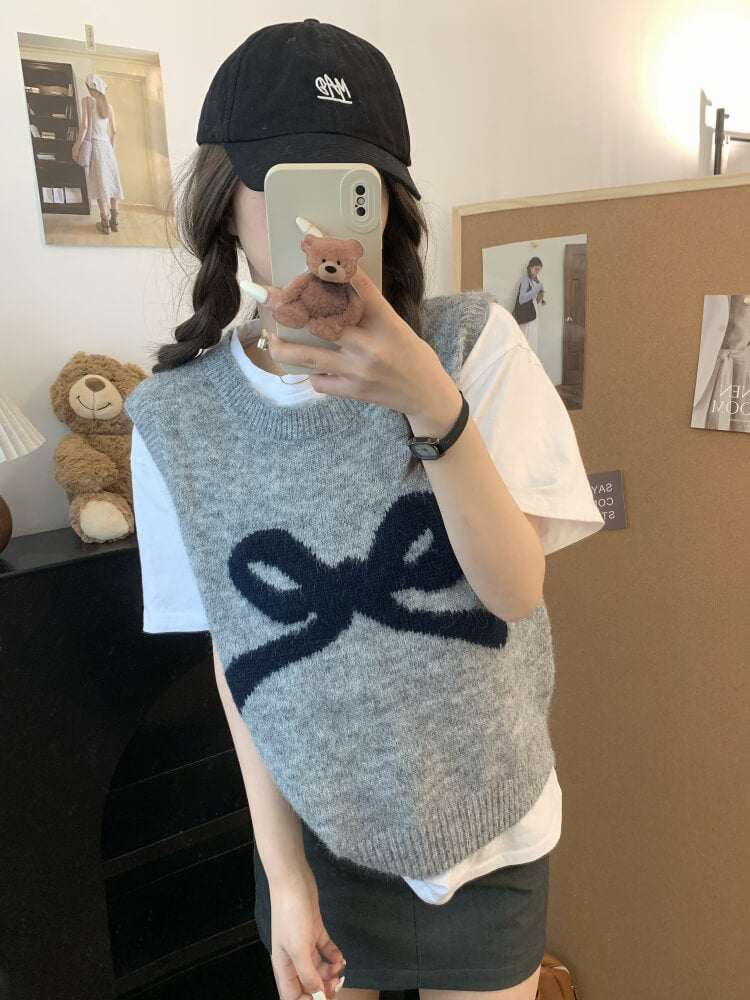 OOTDAY Korean knit vest, sleeveless pullover with bow, cute wool vest, sweet style round-neck vest, loose fit knit sweater vest