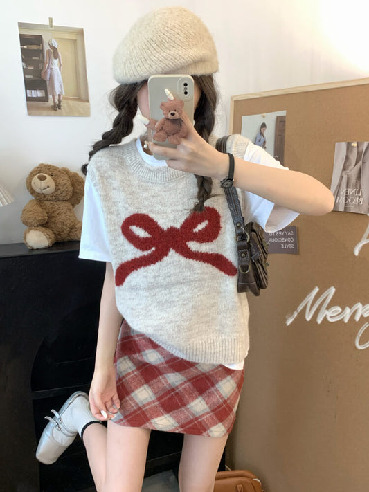 OOTDAY Korean knit vest, sleeveless pullover with bow, cute wool vest, sweet style round-neck vest, loose fit knit sweater vest