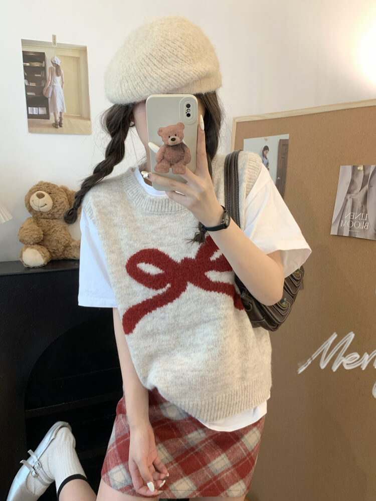OOTDAY Korean knit vest, sleeveless pullover with bow, cute wool vest, sweet style round-neck vest, loose fit knit sweater vest
