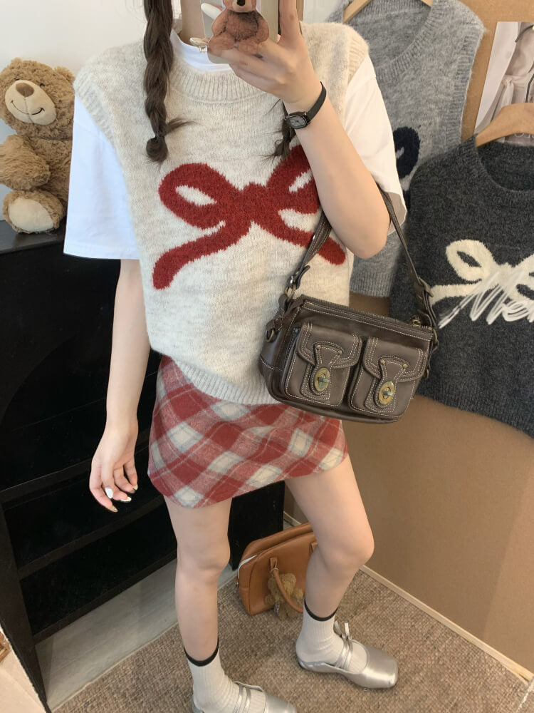 OOTDAY Korean knit vest, sleeveless pullover with bow, cute wool vest, sweet style round-neck vest, loose fit knit sweater vest