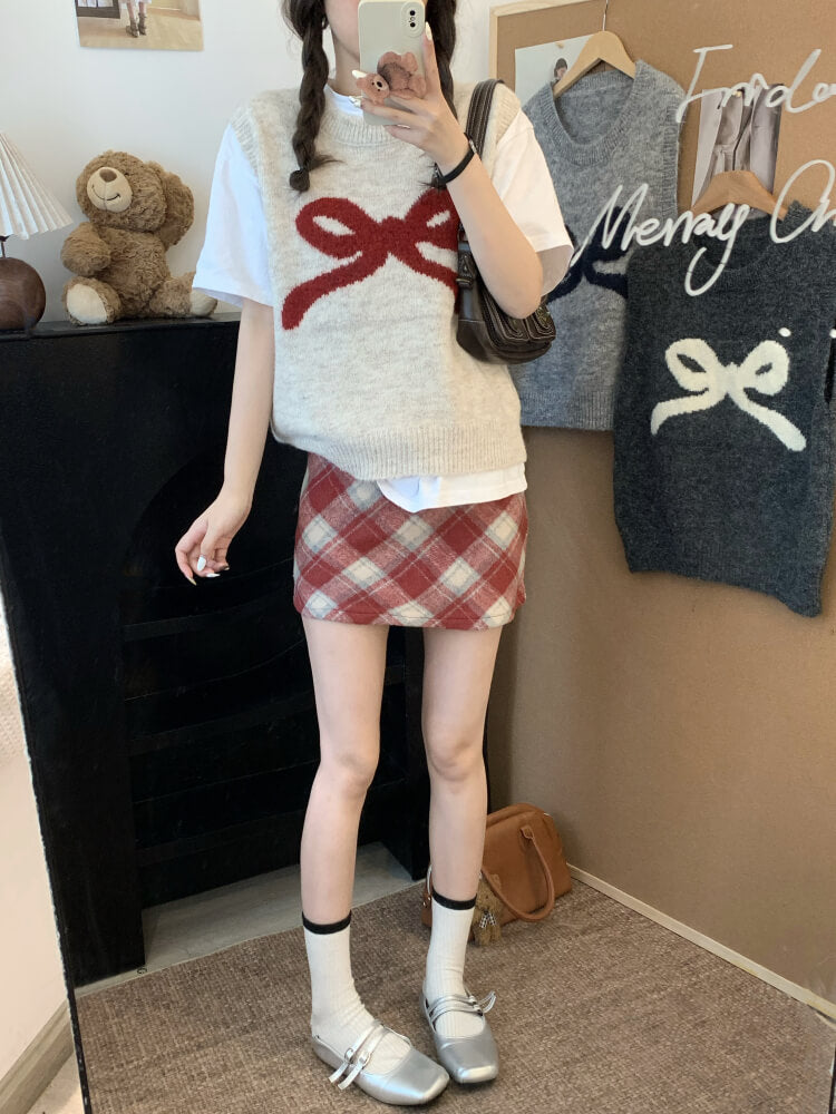 OOTDAY Korean knit vest, sleeveless pullover with bow, cute wool vest, sweet style round-neck vest, loose fit knit sweater vest