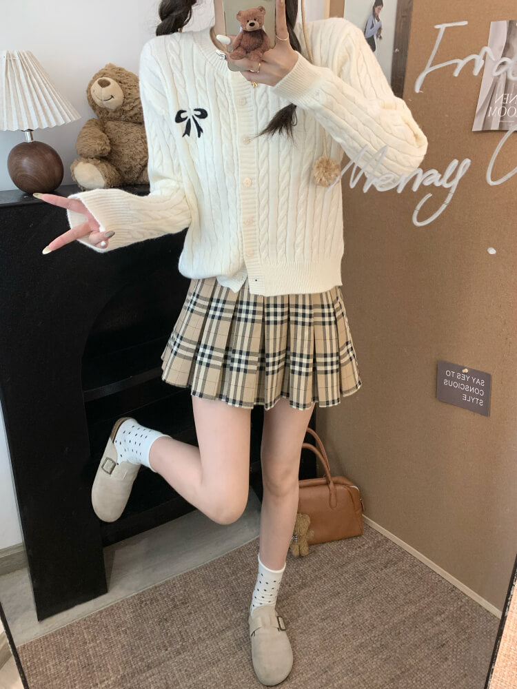 OOTDAY bow knit cardigan, cropped cable sweater, cute preppy cardigan, sweet knitwear for girls, off-white slim fit cardigan