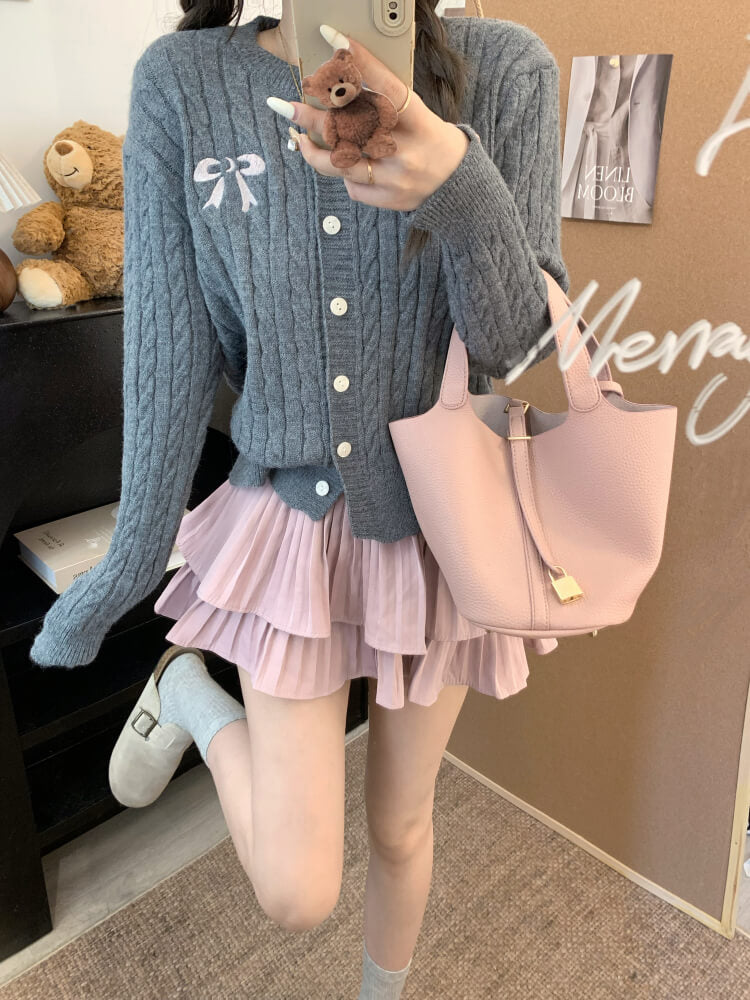 OOTDAY bow knit cardigan, cropped cable sweater, cute preppy cardigan, sweet knitwear for girls, off-white slim fit cardigan