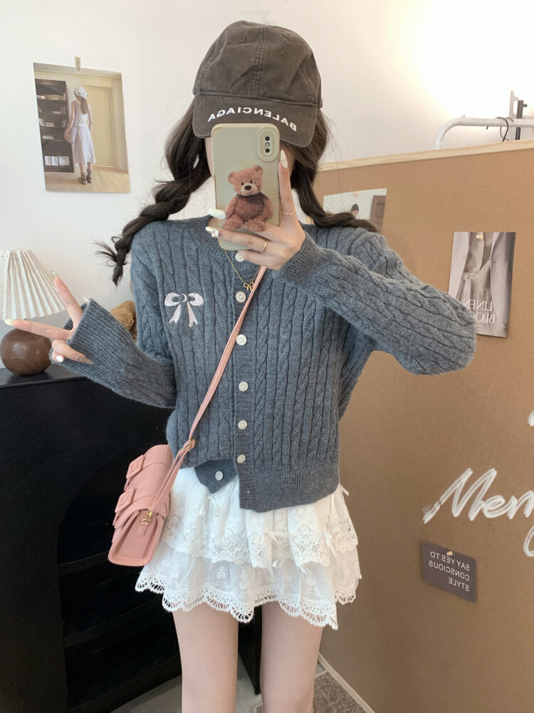 OOTDAY bow knit cardigan, cropped cable sweater, cute preppy cardigan, sweet knitwear for girls, off-white slim fit cardigan