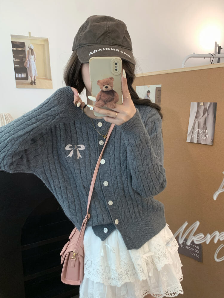 OOTDAY bow knit cardigan, cropped cable sweater, cute preppy cardigan, sweet knitwear for girls, off-white slim fit cardigan