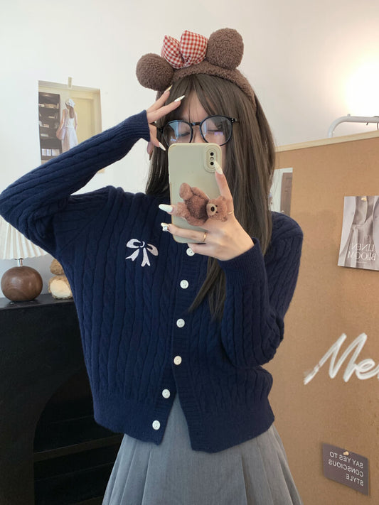 OOTDAY bow knit cardigan, cropped cable sweater, cute preppy cardigan, sweet knitwear for girls, off-white slim fit cardigan