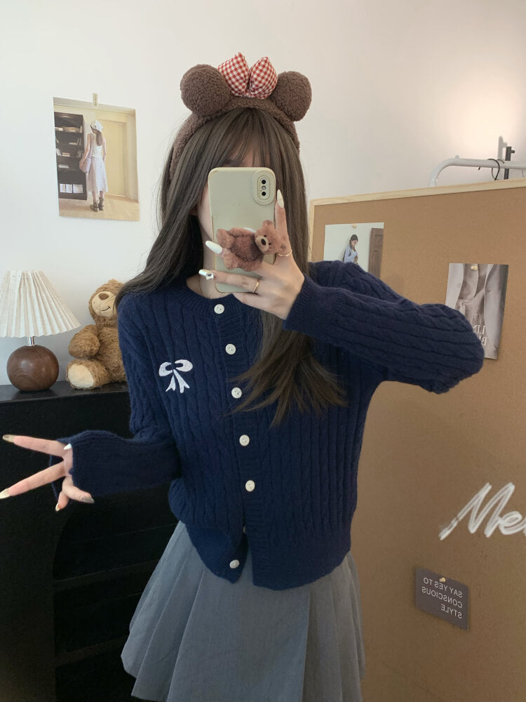 OOTDAY bow knit cardigan, cropped cable sweater, cute preppy cardigan, sweet knitwear for girls, off-white slim fit cardigan
