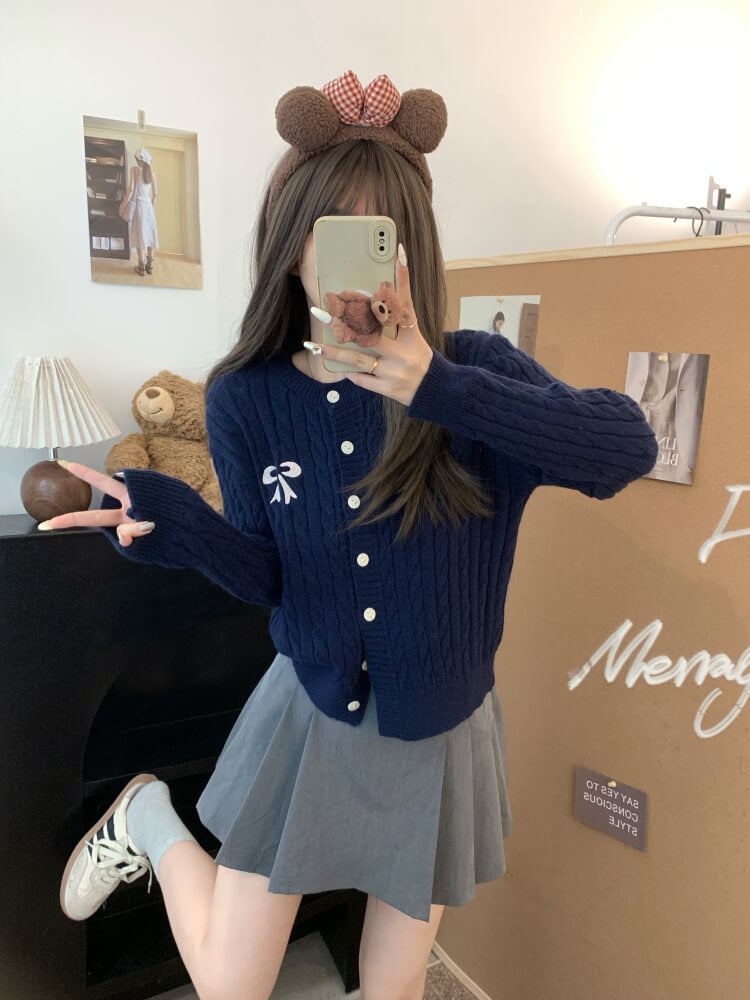 OOTDAY bow knit cardigan, cropped cable sweater, cute preppy cardigan, sweet knitwear for girls, off-white slim fit cardigan