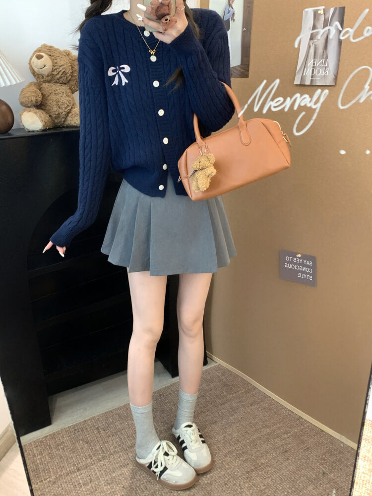OOTDAY bow knit cardigan, cropped cable sweater, cute preppy cardigan, sweet knitwear for girls, off-white slim fit cardigan
