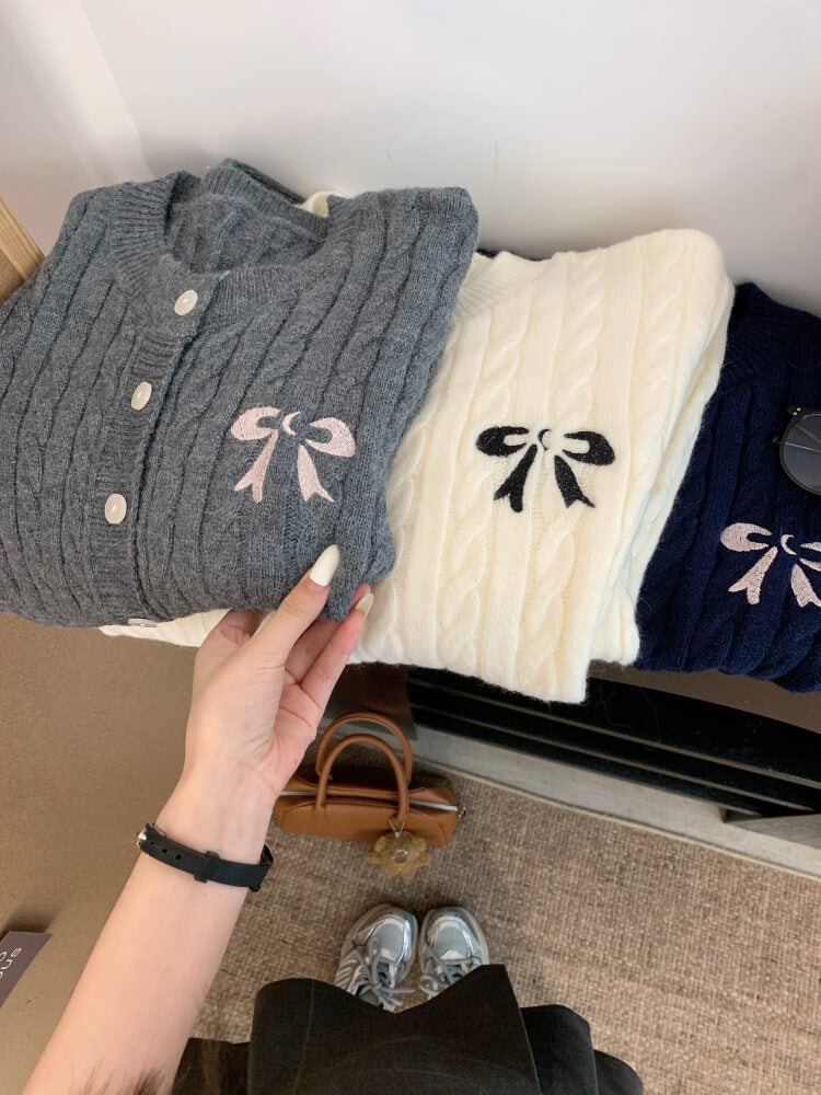 OOTDAY bow knit cardigan, cropped cable sweater, cute preppy cardigan, sweet knitwear for girls, off-white slim fit cardigan