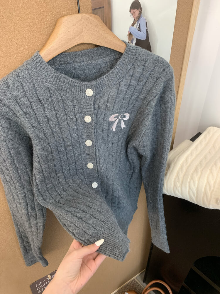 OOTDAY bow knit cardigan, cropped cable sweater, cute preppy cardigan, sweet knitwear for girls, off-white slim fit cardigan