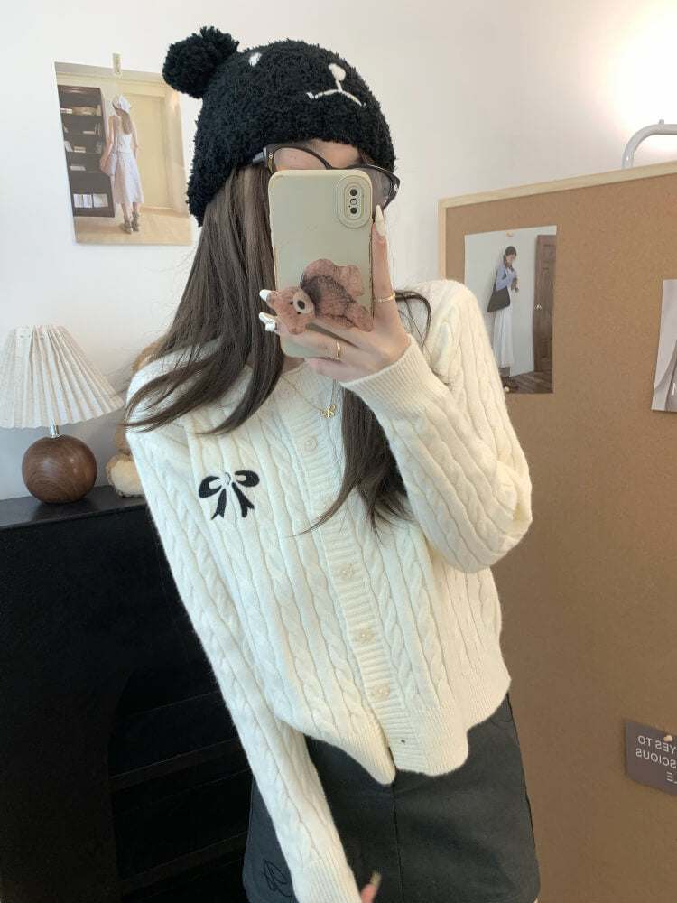 OOTDAY bow knit cardigan, cropped cable sweater, cute preppy cardigan, sweet knitwear for girls, off-white slim fit cardigan