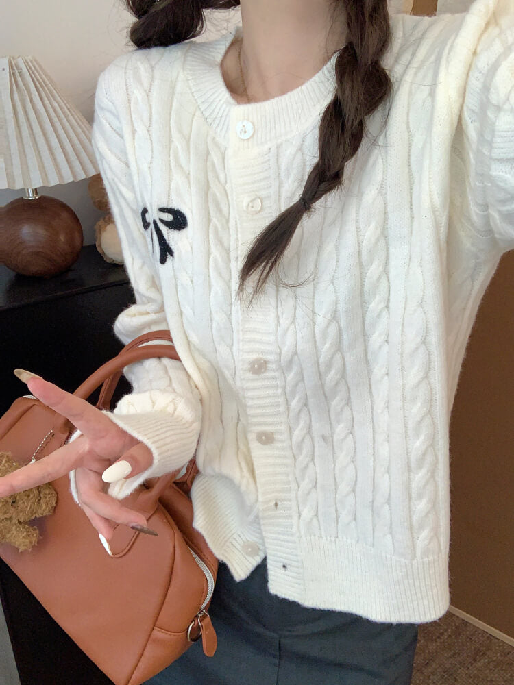 OOTDAY bow knit cardigan, cropped cable sweater, cute preppy cardigan, sweet knitwear for girls, off-white slim fit cardigan