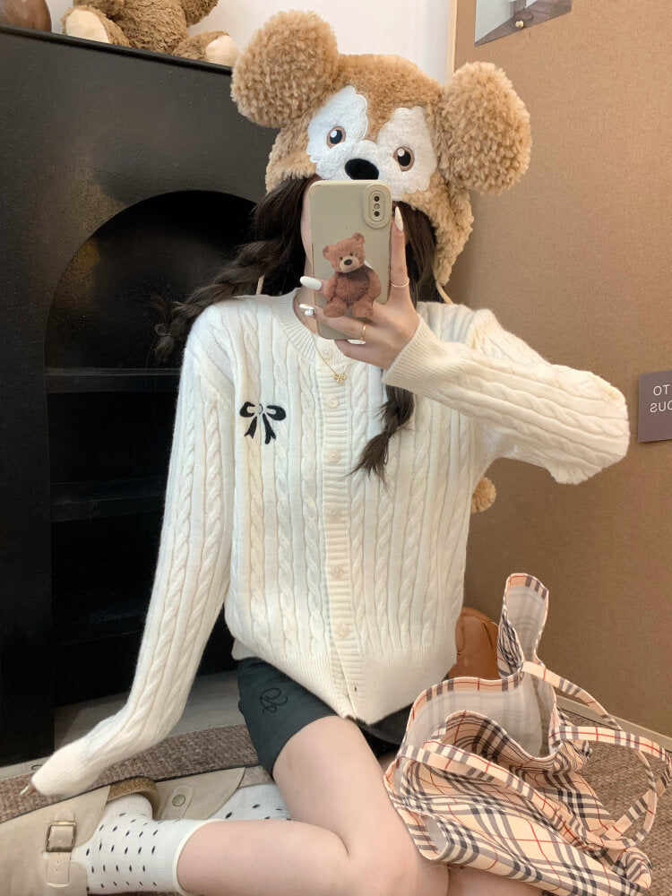 OOTDAY bow knit cardigan, cropped cable sweater, cute preppy cardigan, sweet knitwear for girls, off-white slim fit cardigan