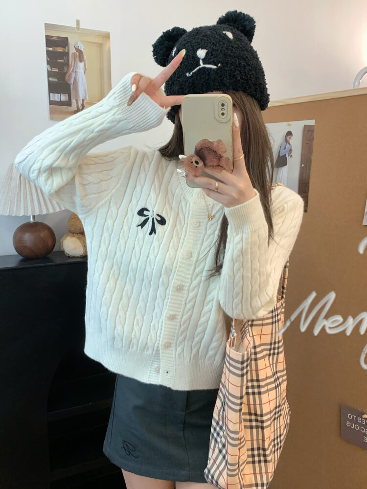 OOTDAY bow knit cardigan, cropped cable sweater, cute preppy cardigan, sweet knitwear for girls, off-white slim fit cardigan