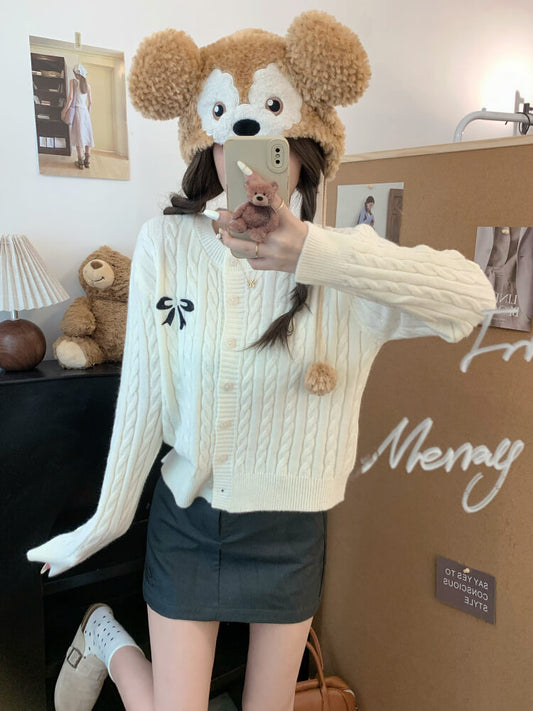 OOTDAY bow knit cardigan, cropped cable sweater, cute preppy cardigan, sweet knitwear for girls, off-white slim fit cardigan